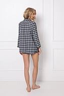 Top and shorts pajamas, lace trim, long sleeves, pocket, checkered pattern